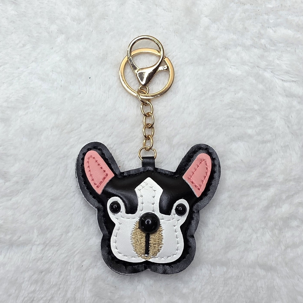 Black Bulldog Vegan Leather Bag Purse Backpack Charm Keychain
